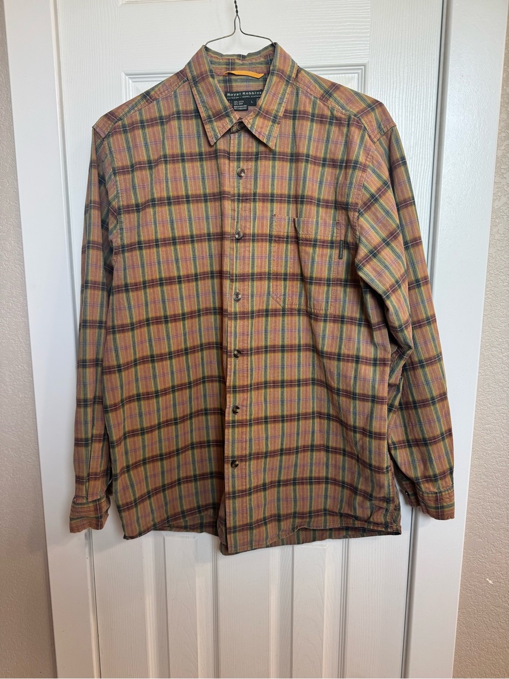 Royal Robbins Plaid Button-Down Shirt in Tan and Green